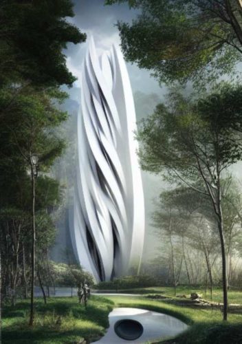 swirling highrise in a forest